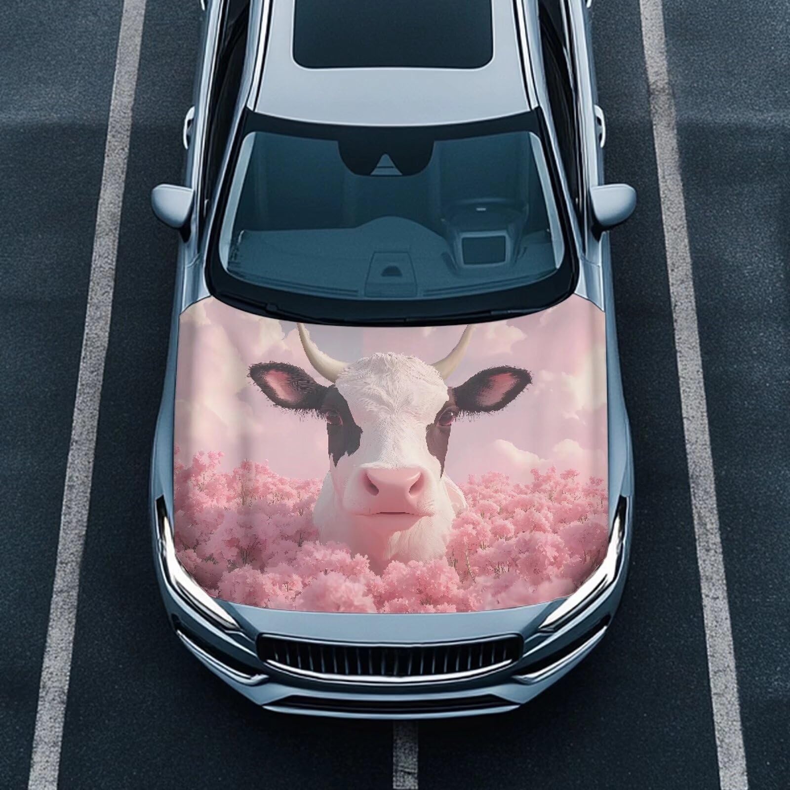 Qiyupavto Pink Flower Cow Print Car Hood Cover, Stretch Fabric Car Hood Protector Washable Universal Auto Exterior Accessorie fo
